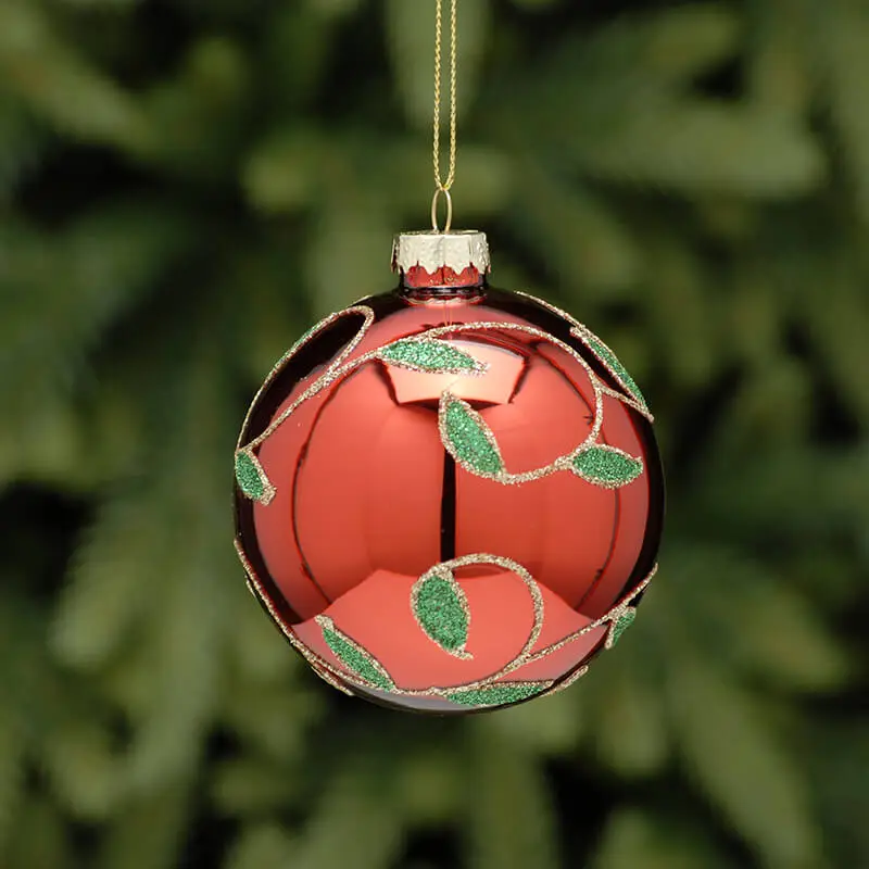 P034803 Festive 8cm shiny red with gold vine glass bauble - Image 2