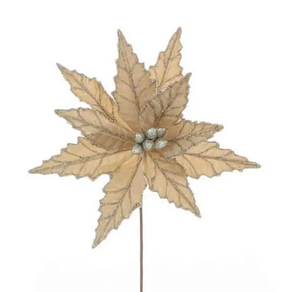 P035353 Festive 37cm Champagne Gold Velvet Poinsettia Flower - Image 2