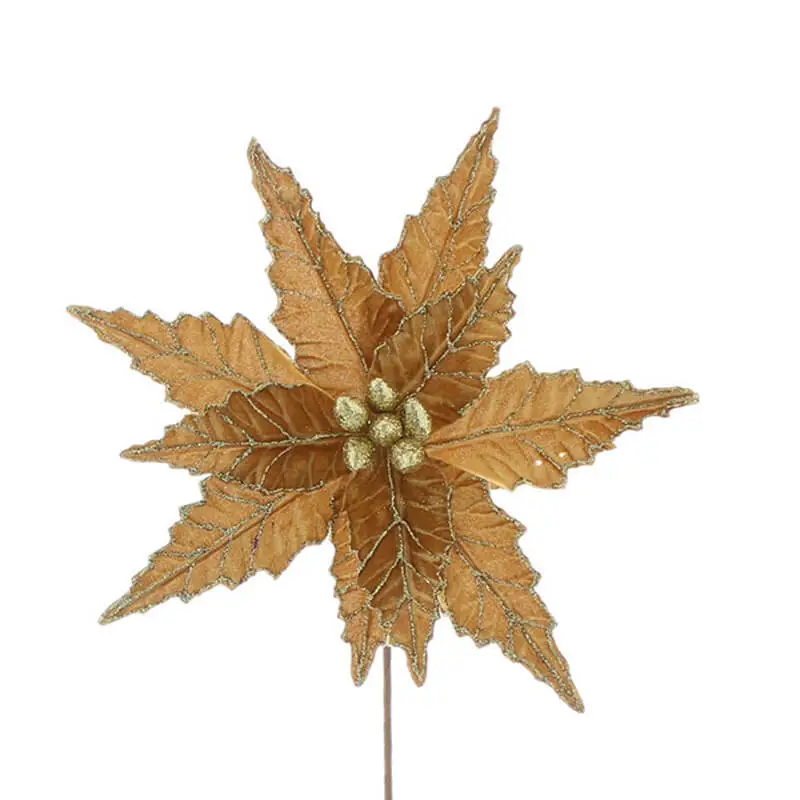 P035354 Festive 37cm Gold Velvet Poinsettia Flower With Glitter Stem